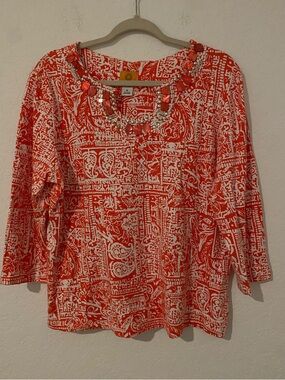 Ruby Rd. Coral & White Long Sleeve Embellished Print Tee